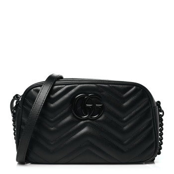 GUCCI Calfskin Matelasse Monochrome Small GG Marmont Chain Shoulder Bag Black