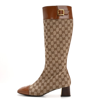 GUCCI Monogram Cordovan Lux GG Knee High Boots 40.5 Beige Cuir