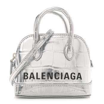 BALENCIAGA Metallic Calfskin Logo Crocodile Embossed Mini Ville Top Handle Bag Silver Black