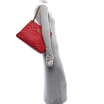 GUCCI Calfskin Matelasse Medium GG Marmont Shoulder Tote Bag Hibiscus Red