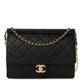 CHANEL Lambskin Quilted Large Pearl Chain Flap Bag Black