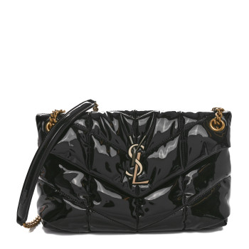 SAINT LAURENT Patent Quilted Small Loulou Puffer Monogram Chain Satchel Black