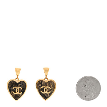 CHANEL Metal Lace Resin Glass CC Heart Drop Earrings Gold Black