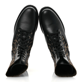 FENDI Calfskin Stretch Fabric FF Rockoko Biker Boots 40 Black Tobacco