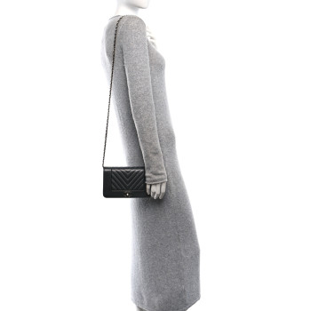 CHANEL Metallic Goatskin Chevron Quilted Vintage Mademoiselle Wallet On Chain WOC Charcoal