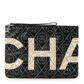 CHANEL Coated Canvas Calfskin Camellia Printed Pouch Black Beige