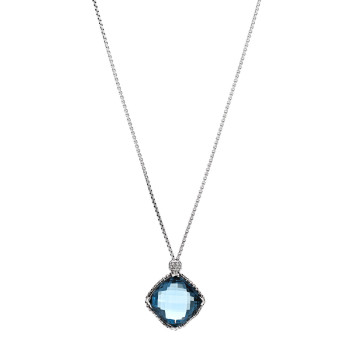 DAVID YURMAN Sterling Silver Diamond Blue Topaz 20mm Cushion on Point Drop Pendant Necklace