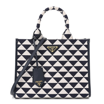 PRADA Jacquard Saffiano Triangolo Symbole Embroidered Small Tote Baltico Talco