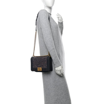 CHANEL Tweed Denim Medium Boy Flap Navy Blue