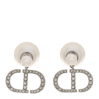 CHRISTIAN DIOR Pearl Crystal Tribal CD Drop Earrings Silver