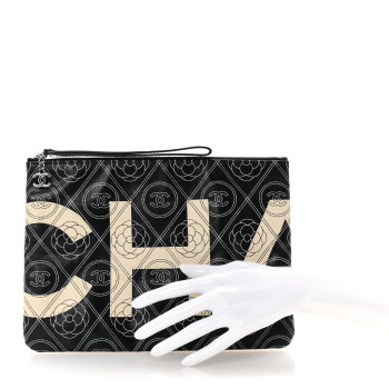 CHANEL Coated Canvas Calfskin Camellia Printed Pouch Black Beige