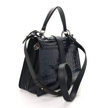 CHLOE Calfskin Crocodile Embossed Medium Aby Day Shoulder Bag Full Blue