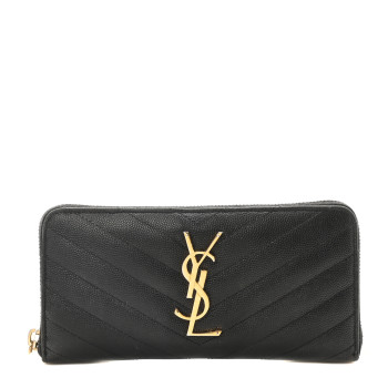 SAINT LAURENT Grain De Poudre Matelasse Chevron Monogram Zip Around Wallet Black