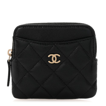 CHANEL Caviar Quilted Zip Card Holder Wallet Black