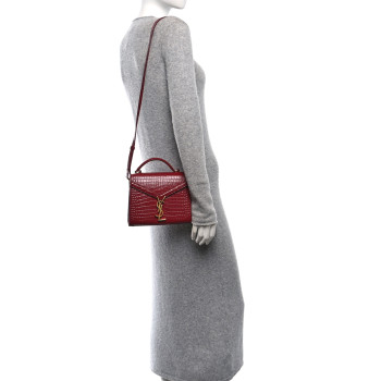 SAINT LAURENT Calfskin Crocodile Embossed Mini Classic Monogram Cassandra Top Handle Red
