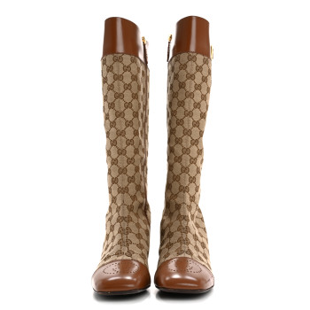 GUCCI Monogram Cordovan Lux GG Knee High Boots 40.5 Beige Cuir