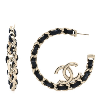 CHANEL Metal Lambskin Quilted CC Chain Hoop Earrings Gold Black