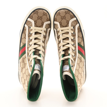 GUCCI GG Monogram Web Womens 1977 Tennis High Top Sneakers 39 Beige Ebony Mystic White