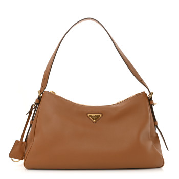 PRADA Soft Calfskin Large Aimée Shoulder Bag Caramel