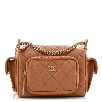 CHANEL Shiny Crumpled Lambskin Quilted Preppy Pocket Camera Case Brown