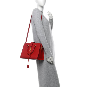 SAINT LAURENT Calfskin Small Monogram Cabas Lipstick Red