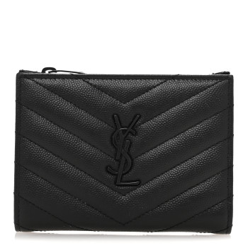 SAINT LAURENT Grain De Poudre Matelasse Chevron Monogram Monochrome Zipped Two-Part Wallet Black