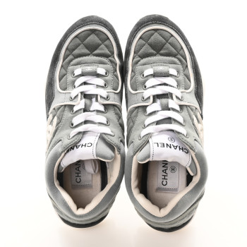 CHANEL Fabric Suede Calfskin Quilted CC Sneakers 37 Dark Grey