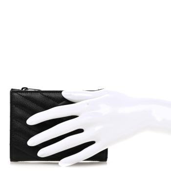 SAINT LAURENT Grain De Poudre Matelasse Chevron Monogram Monochrome Zipped Two-Part Wallet Black