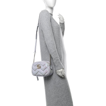 GUCCI Iridescent Nappa Chevron Matelasse Small GG Marmont Chain Shoulder Bag Iridescent Snow Light Blue