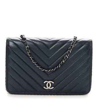 CHANEL Lambskin Chevron Quilted Studded Wallet On Chain WOC Navy Blue