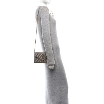 SAINT LAURENT Lambskin Matelasse Chevron Monogram Envelope Chain Wallet Dusty Grey