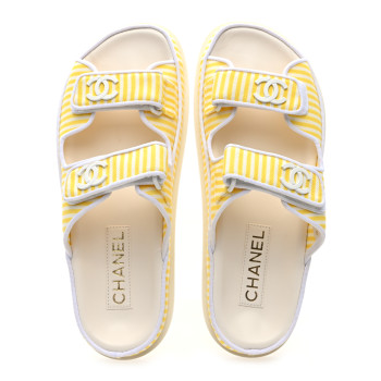 CHANEL Printed Calfskin Velcro Dad Flat Mules 38 White Yellow