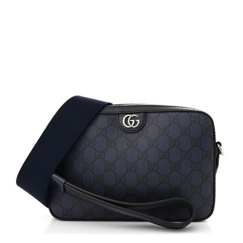 GUCCI GG Supreme Monogram Textured Dollar Calfskin Web Ophidia Wristlet Shoulder Bag Black Blue