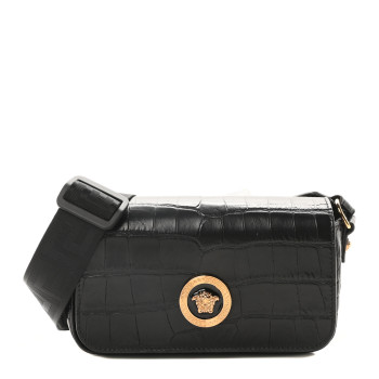 VERSACE Calfskin Crocodile Embossed Medusa Crossbody Bag Black