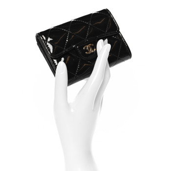 CHANEL Patent Quilted Flap Card Holder Black