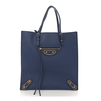 BALENCIAGA Grained Calfskin Gold Metallic Edge Hardware Papier Small A4 Tote Bleu