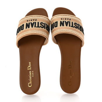CHRISTIAN DIOR Canvas Embroidered Dway Flat Slide Sandals 35.5 Beige Brown