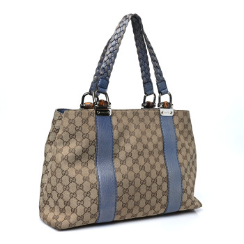 GUCCI Monogram Medium Bamboo Bar Tote Blue