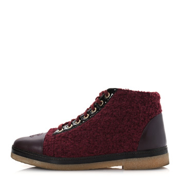 CHANEL Tweed Calfskin Patent CC Lace Up Short Boots 39 Burgundy