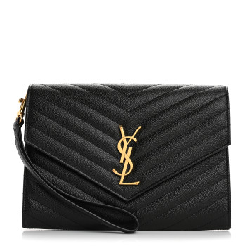 SAINT LAURENT Grain De Poudre Matelasse Chevron Monogram Envelope Clutch Black