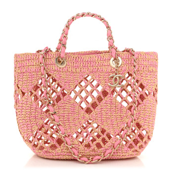 CHANEL Raffia Effect Braided Small Shopping Bag Beige Pink CHANEL Raffia Effect Braided Small Shopping Bag Beige Pink