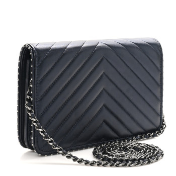 CHANEL Lambskin Chevron Quilted Studded Wallet On Chain WOC Navy Blue