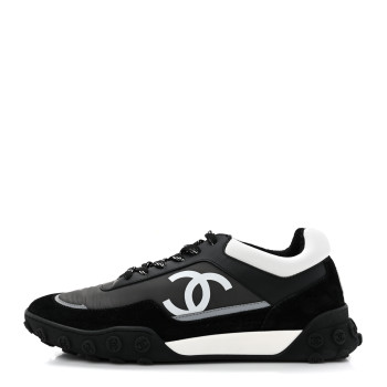 CHANEL Nylon Calfskin Suede Womens CC Sneakers 40 Black Grey White