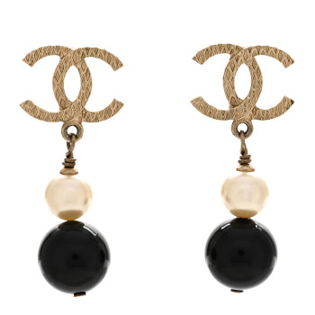 CHANEL Pearl Bead CC Drop Earrings Black Gold