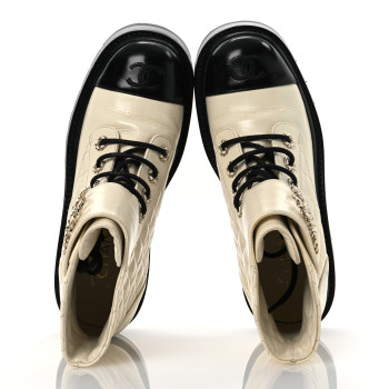 CHANEL Shiny Goatskin Calfskin Quilted Lace Up Combat Boots 37 Black White