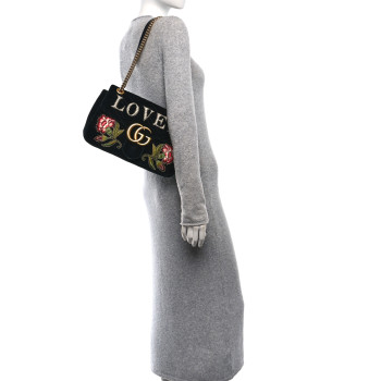 GUCCI Velvet Matelasse Loved Embroidered Medium GG Marmont Shoulder Bag Black
