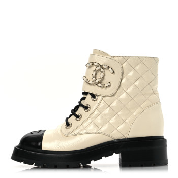 CHANEL Shiny Goatskin Calfskin Quilted Lace Up Combat Boots 37 Black White