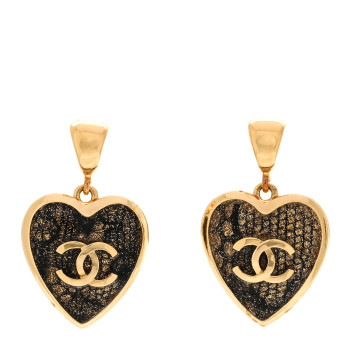 CHANEL Metal Lace Resin Glass CC Heart Drop Earrings Gold Black