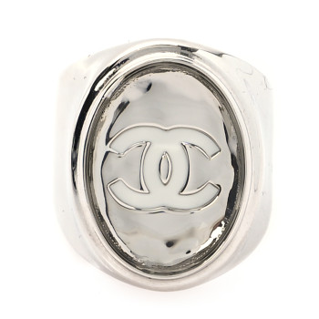 CHANEL Metal Enamel CC Ring 52 6 Silver White