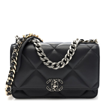 CHANEL Lambskin Quilted Chanel 19 Wallet On Chain WOC Dark Grey